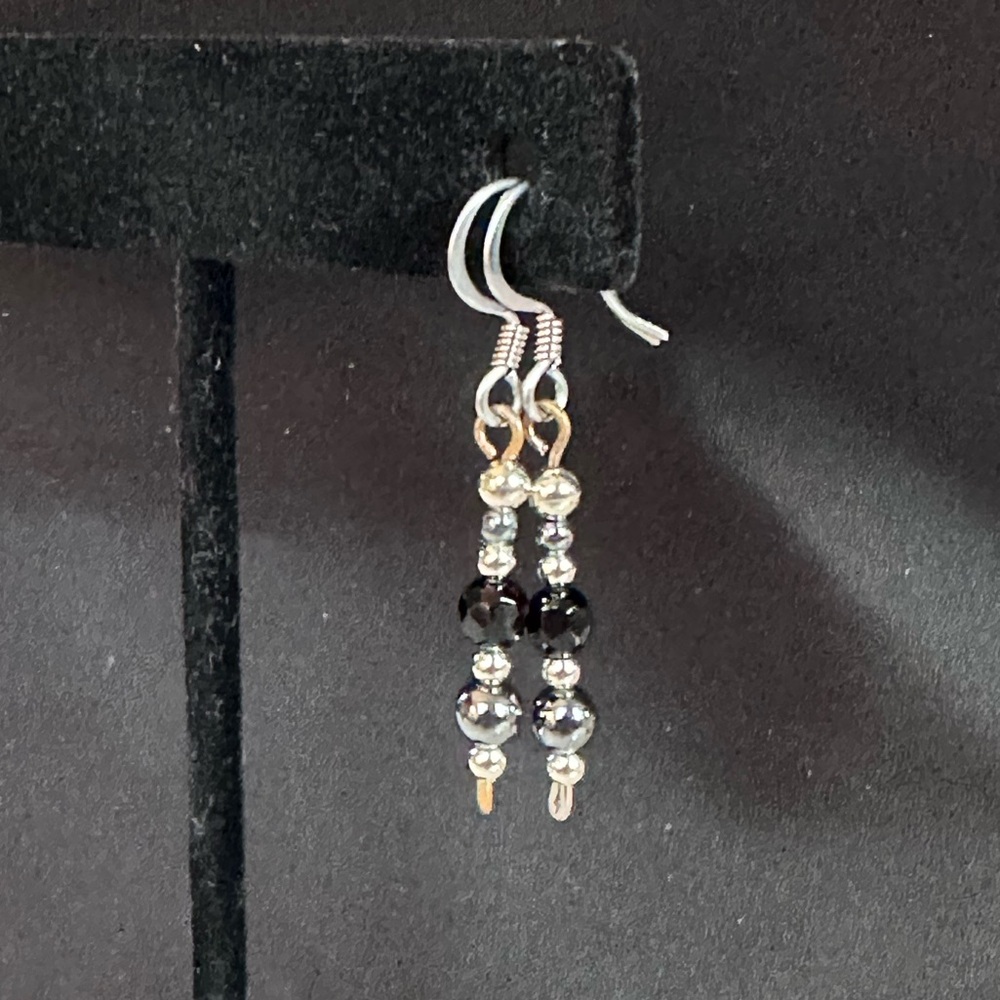 Elegant Black Onyx and Silver Beaded Earrings by Shanstones